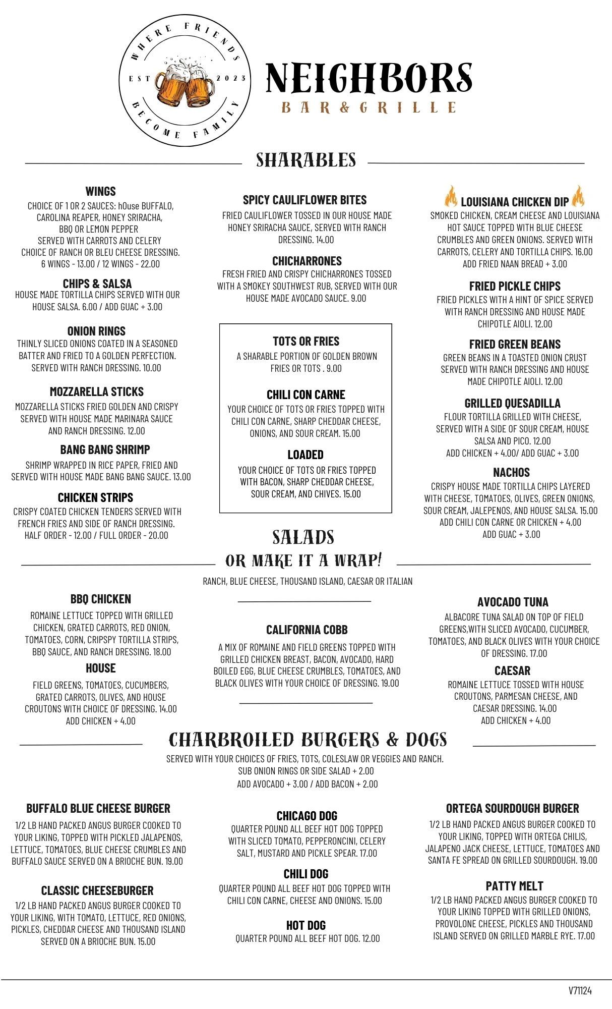 Menu Neighbors Bar Grille